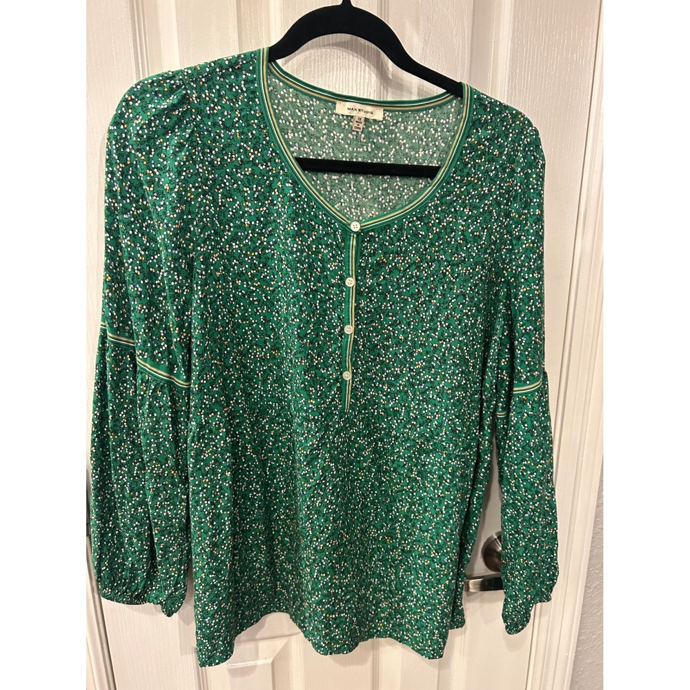 Max Studio Blouse Green Ditsy Floral Henley Balloon Sleeve Rayon Top 1X 1W02G35